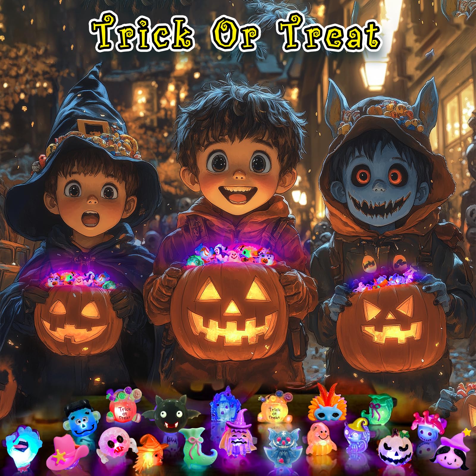 38Pcs Halloween Party Favors for Kids, 3D Light Up Rings Bulk Toys Halloween Treats Non Candy, 28 Led Flashing Rings & 10 Luminous Tattoos, Halloween Goodie Bag Fillers Glow In The Dark Party Supplies