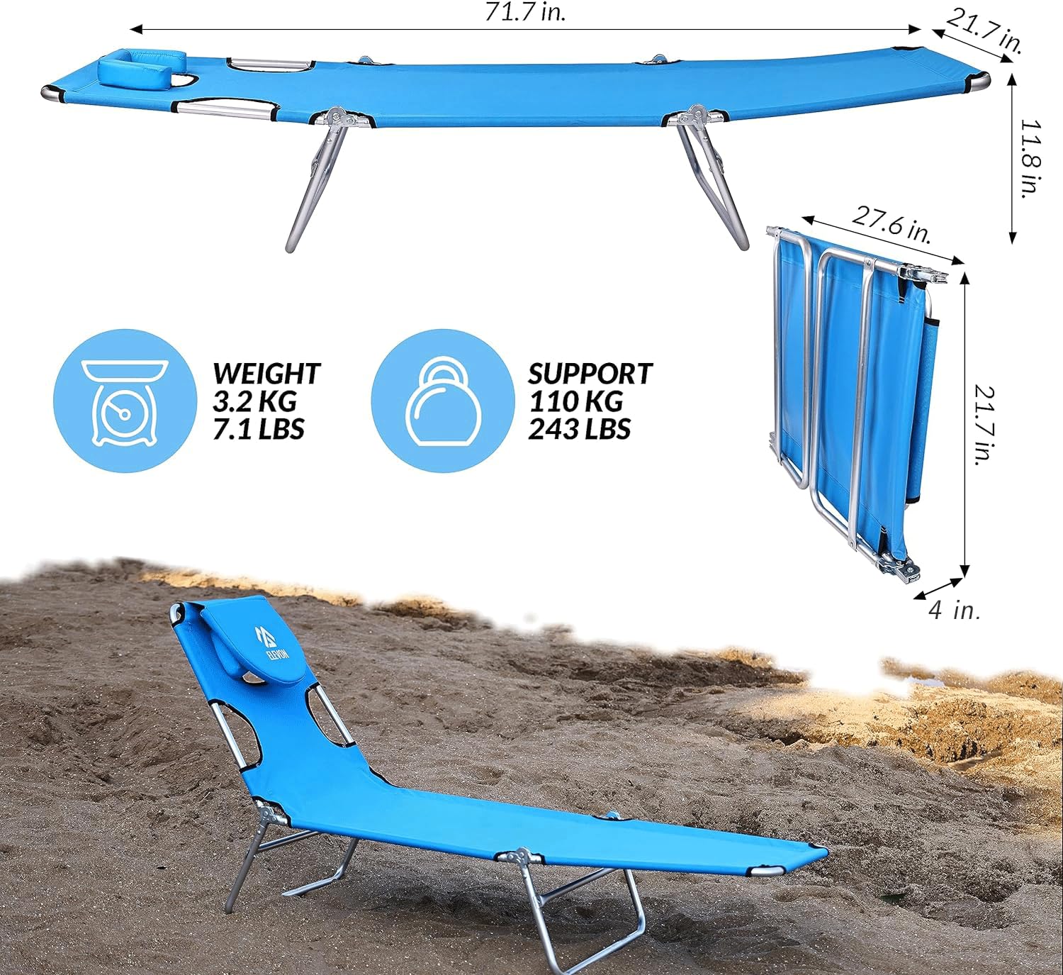 Elevon Foldable Lightweight Face Down Tanning Chaise Lounge Chair with Face and Arm Holes