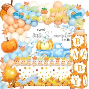 fiesec little pumpkin baby shower decorations for boy, thanksgiving fall baby shower backdrop balloon garland maple leaf banner tablecloth box cutout cake cupcake topper sash blue orange 173 pcs