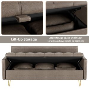 GAOMON Faux Leather Sofa, Couches with Metal Gold Legs, Lift-up Storage Box, and Hand Stitched Details - Versatile for Living Room or Bedroom in Dark Brown