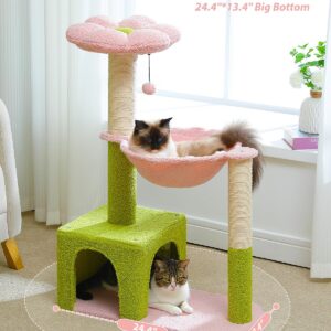 MUTTROS Flower Cat Tree with Large Metal Frame Hammock, 35" Cute Cat Tower with Sisal Scratching Posts for Small Indoor Cats, Cat Condo with Pink Top Perch for Kittens, Pink