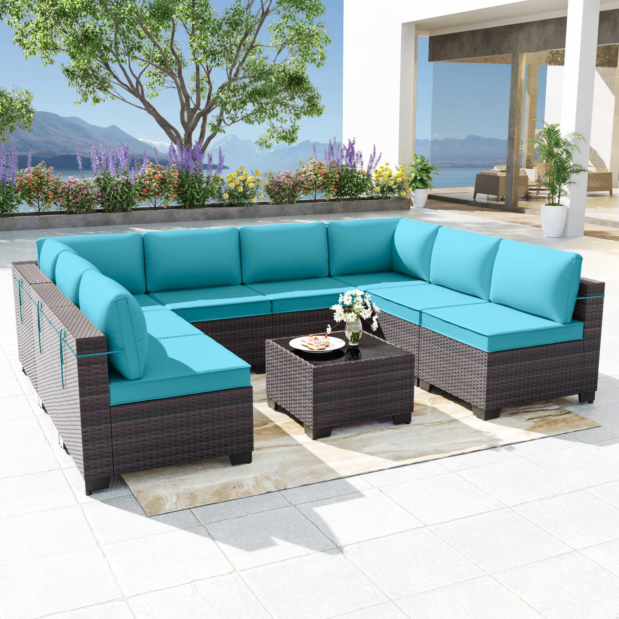 Delnavik Patio Furniture Set 9-Pieces Outdoor Furniture for Backyard Wicker Sectional Sofa Set, Rattan Patio Conversation Set with Thickened Cushions and Glass Coffee Table, Turquoise