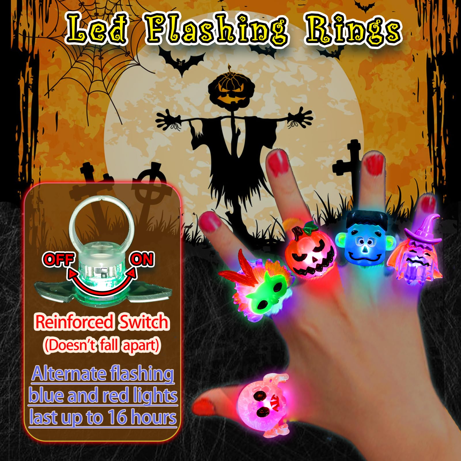 38Pcs Halloween Party Favors for Kids, 3D Light Up Rings Bulk Toys Halloween Treats Non Candy, 28 Led Flashing Rings & 10 Luminous Tattoos, Halloween Goodie Bag Fillers Glow In The Dark Party Supplies