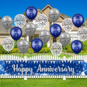 Blue Happy Anniversary Decorations for Men Women, Silver Blue Happy Anniversary Banner 18pcs Silver Navy Blue Happy Anniversary Balloons Party Decor for Wedding Anniversary Decorations Kit Supplies