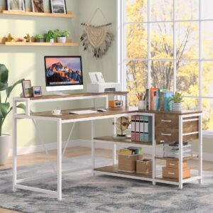 Tribesigns Reversible 55-inch L Shaped Desk with Drawer, Modern L Corner Desk Home Office Table with Storage Shelves and Monitor Stand, Rustic Wooden and Metal PC Table for Small Space (Oak)