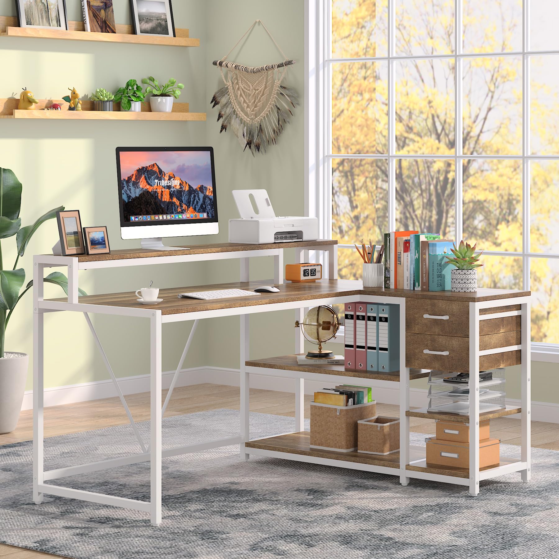 Tribesigns Reversible 55-inch L Shaped Desk with Drawer, Modern L Corner Desk Home Office Table with Storage Shelves and Monitor Stand, Rustic Wooden and Metal PC Table for Small Space (Oak)