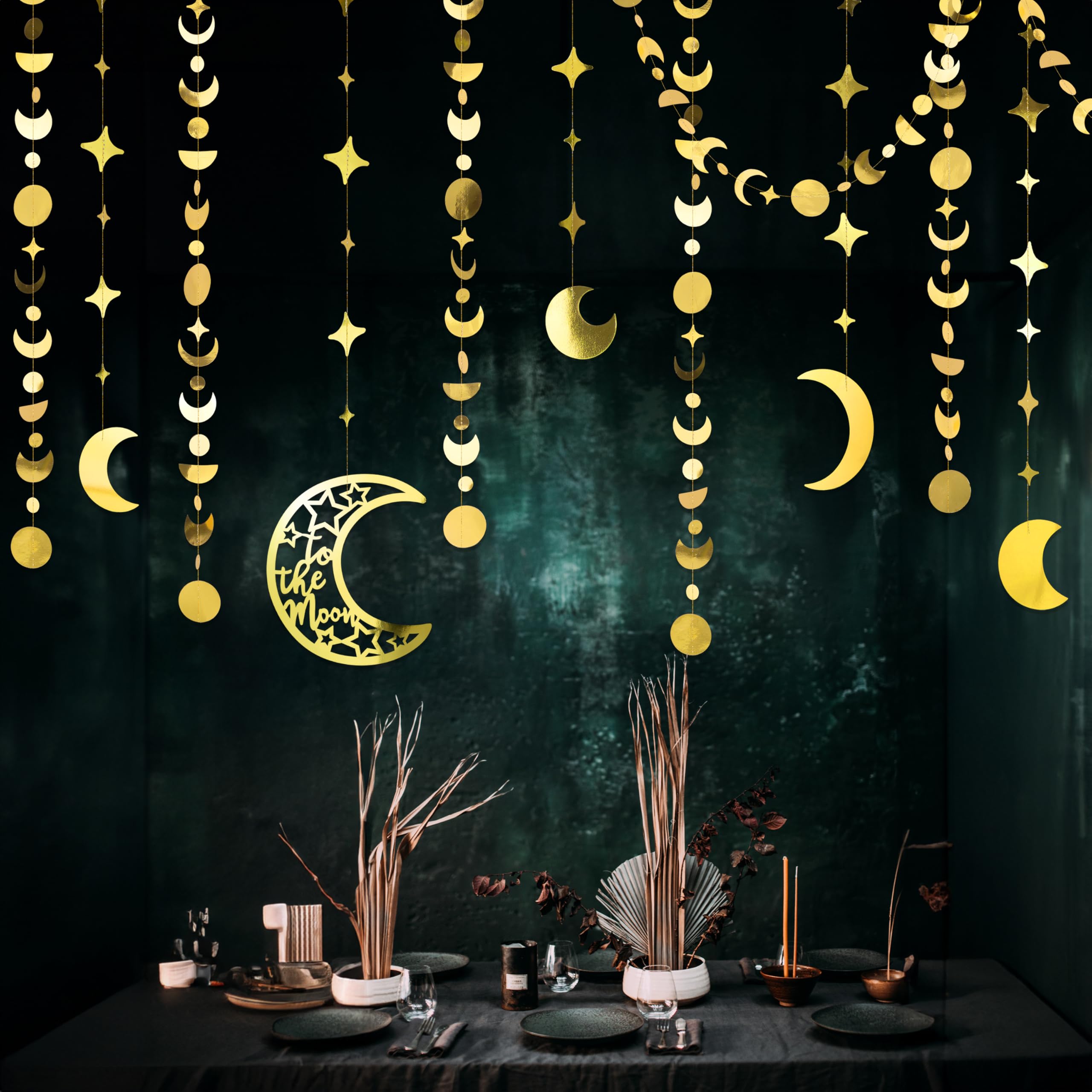 Cheerland Gold Star Moon Hanging Decorations Moon Garland Crescent Star Streamer for Kids Room Decor Birthday Ramadan EID Mubarak Wedding Fortune Teller Celestial Party Supplies - Pack of 10