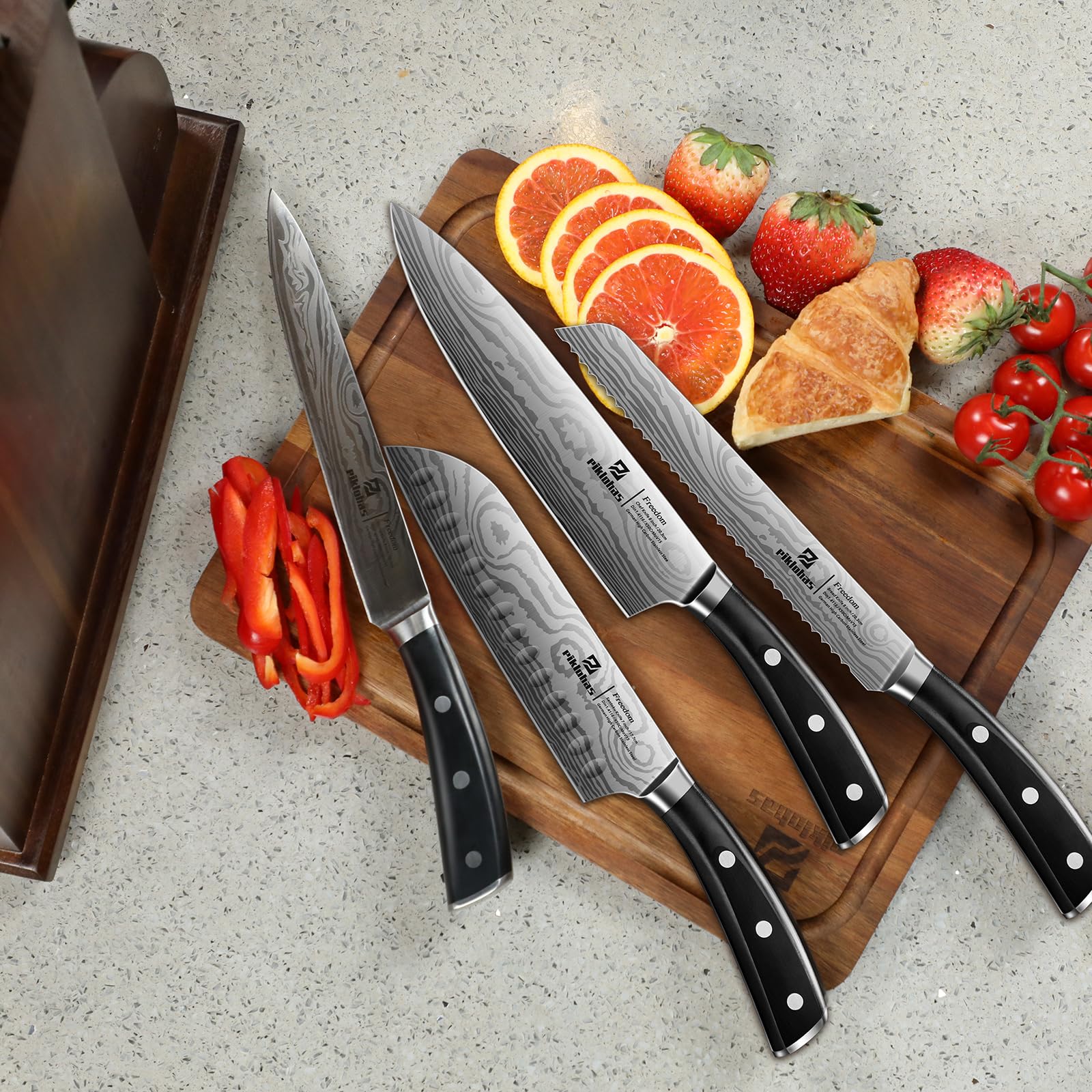 Piklohas Kitchen Knife Sets for Kitchen with Block, 17 Pieces with Magnetic Knife Holder, German High Carbon Stainless Steel Damascus Pattern Chef Knives Set with Sharpener, Steak Knives