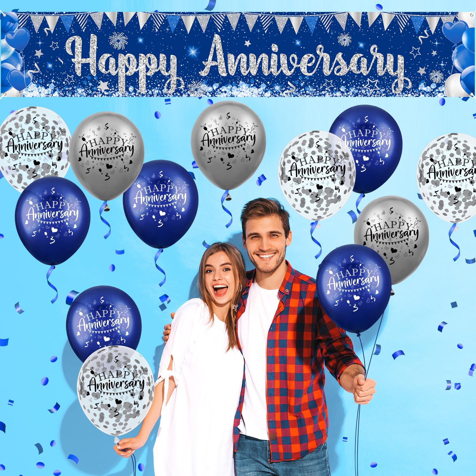 Blue Happy Anniversary Decorations for Men Women, Silver Blue Happy Anniversary Banner 18pcs Silver Navy Blue Happy Anniversary Balloons Party Decor for Wedding Anniversary Decorations Kit Supplies