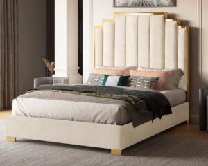 albott queen size platform bed frame, 61.4" velvet upholstered bed with gold trim headboard/wooden slats/no box spring needed/cream