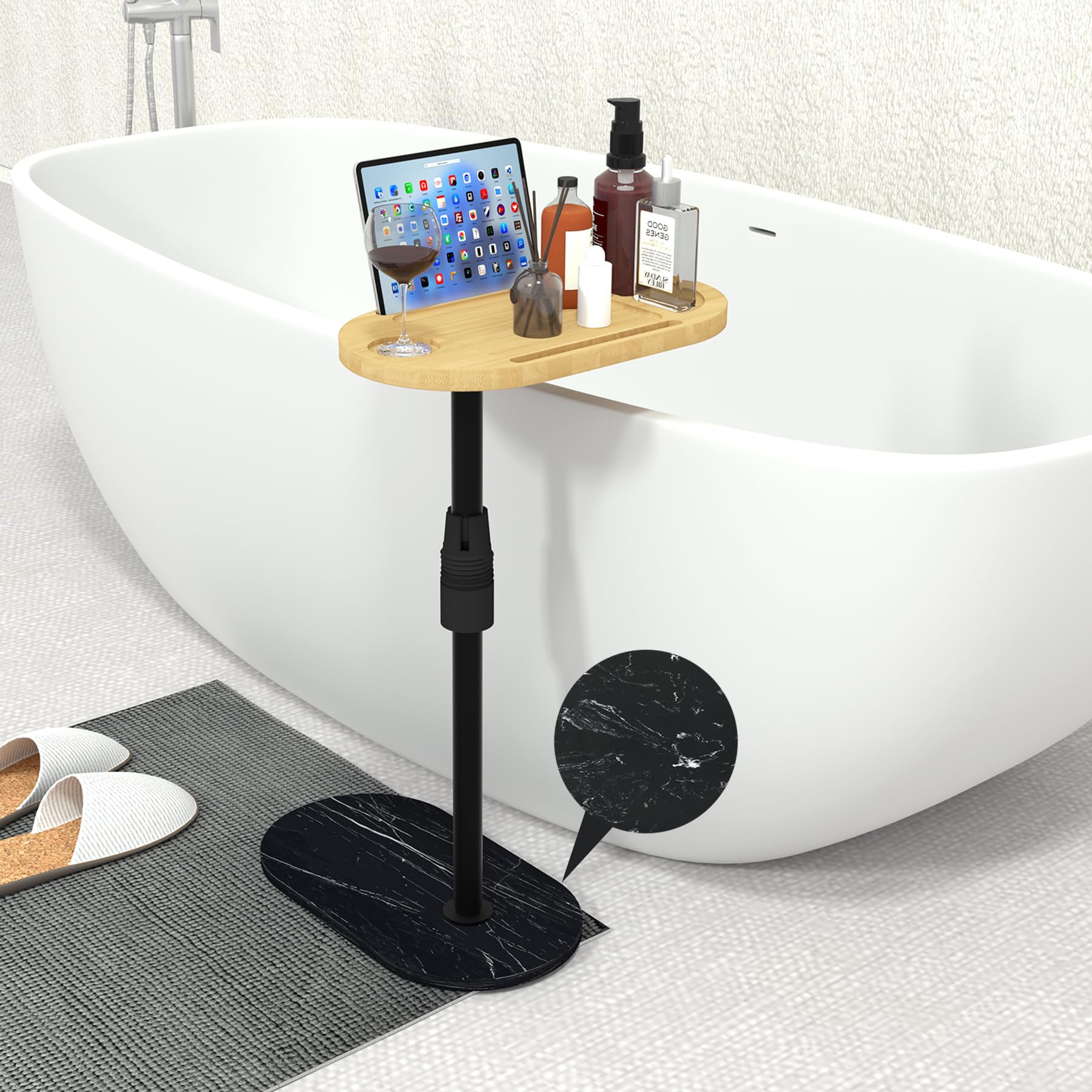 Bathtub Tray Table with Mable Base, Freestanding Bath Tray Tub Caddy for Tub Against Wall, Bathtub Shelf Hot Tub Table for Luxury Bath Home Spa Bath Accessories