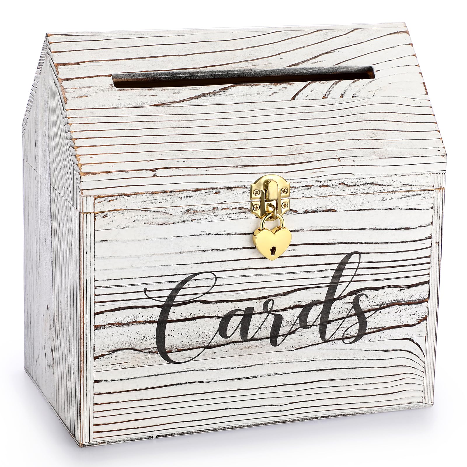 ELLDOO Wooden Wedding Card Box with Heart Lock, Rustic Gift Boxes, House Shape with Slot Decorative Wishing Card Holder Box for Wedding Receptions, Baby Shower, Birthday, Graduation, White