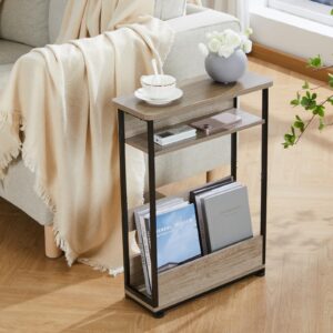 Vintage Narrow Side Table with Storage Shelf, 3 Tier Slim End Table Modern Sofa Table for Narrow and Small Spaces, 24.6 Inch Height Bedside Table Small Nightstand with Magazine Rack (Oak)