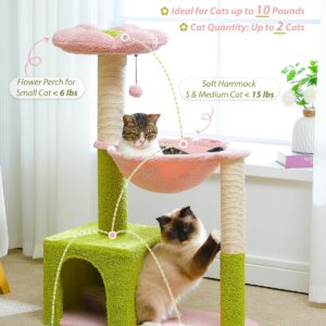 MUTTROS Flower Cat Tree with Large Metal Frame Hammock, 35" Cute Cat Tower with Sisal Scratching Posts for Small Indoor Cats, Cat Condo with Pink Top Perch for Kittens, Pink