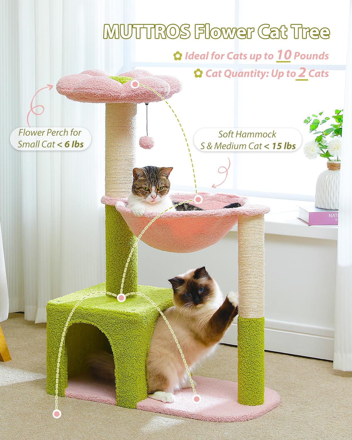 MUTTROS Flower Cat Tree with Large Metal Frame Hammock, 35" Cute Cat Tower with Sisal Scratching Posts for Small Indoor Cats, Cat Condo with Pink Top Perch for Kittens, Pink