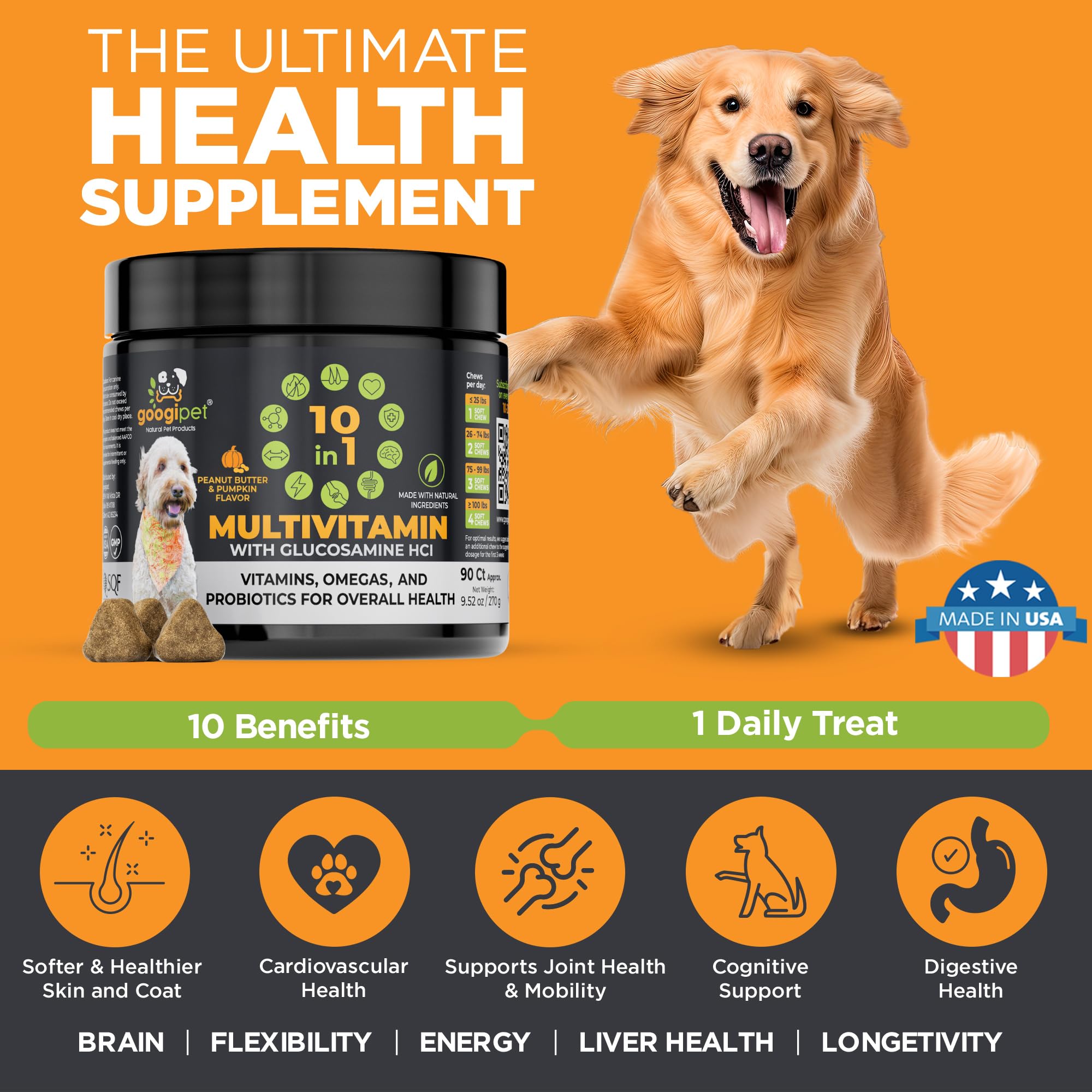 Googipet Premium 10 in 1 Dog Vitamins Multivitamin Chewable w/Dog Probiotics for Gut Health, Dog Vitamins and Supplements w/Vitamin C & Glucosamine for Joint Support (Peanut Butter & Pumpkin Flavor)