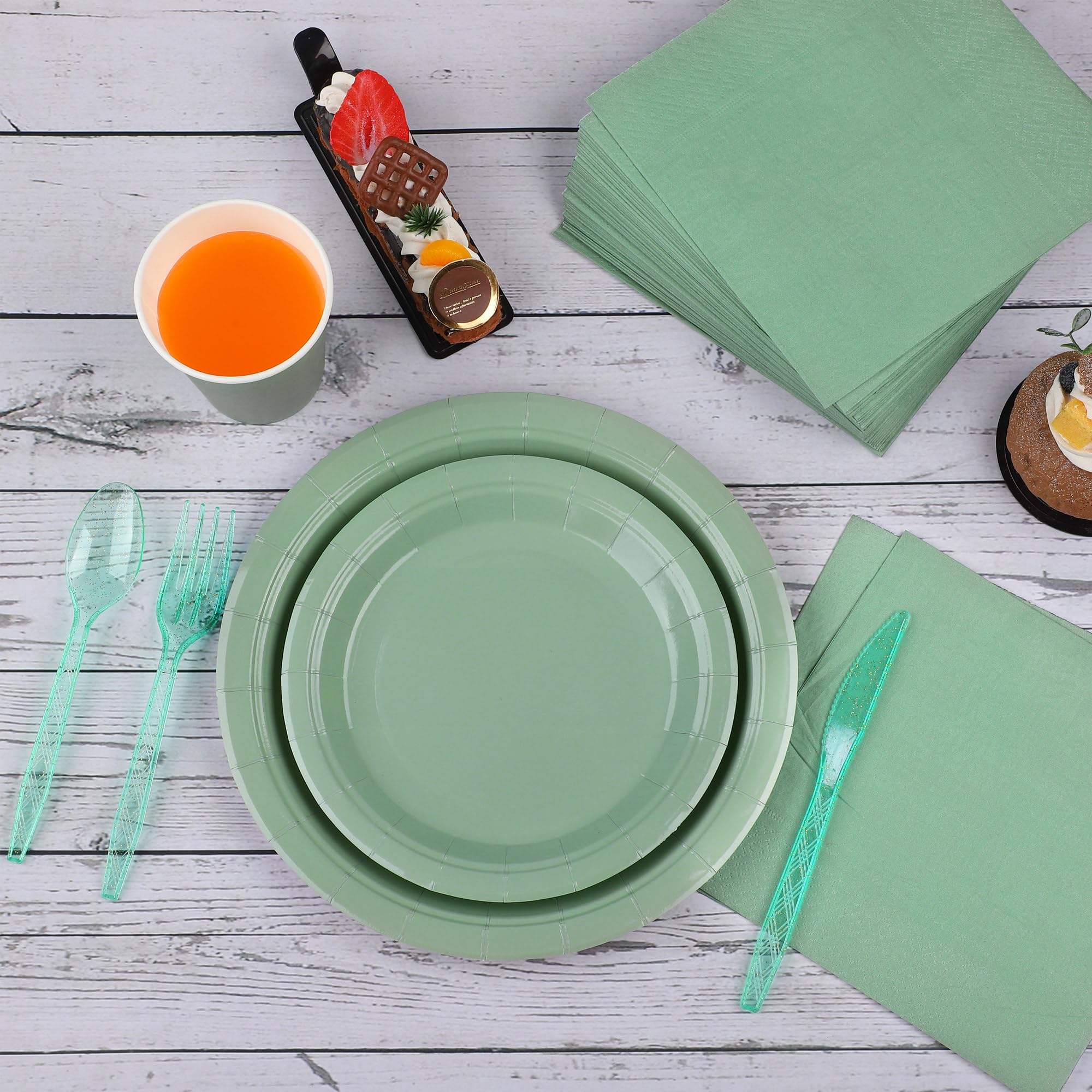 durony 350 Pcs Sage Green Party Tableware Set for 50 Guests Include 7, 9 Inch Paper Dessert Plates Napkins Cups Forks Cutlery Disposable for Bridal Shower Wedding Birthday Party Decorations Supplies