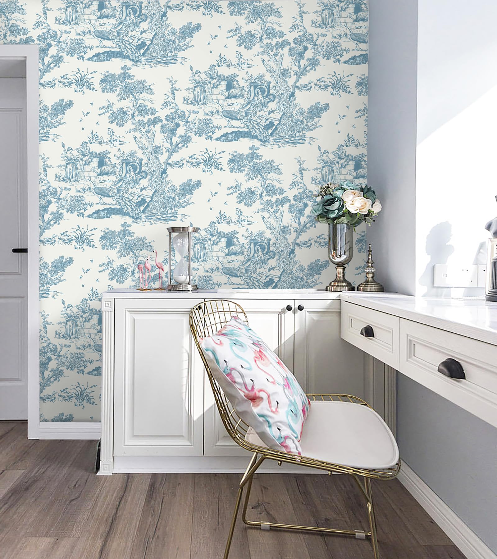 Peel and Stick Wallpaper Blue and White Wallpaper Toile Removable Self-Adhesive Wallpaper for Bedroom Bathroom Vintage Contact Paper for Walls Covering 16In×78.7In