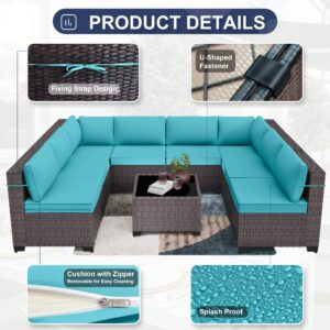 Delnavik Patio Furniture Set 9-Pieces Outdoor Furniture for Backyard Wicker Sectional Sofa Set, Rattan Patio Conversation Set with Thickened Cushions and Glass Coffee Table, Turquoise