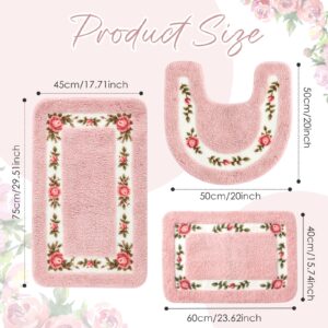 3 Pcs Rose Flowers Coquette Bathroom Rugs Set Coquette Rug Bathroom Bedroom Living Room Carpet, Floral Flower Rugs for Bedroom Non Skid Absorbent Romantic Rose Flower Area Rugs 3 Shapes(Pink)