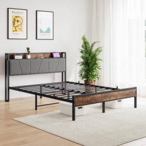 BOFENG Queen Size Bed Frame with Storage Headboard/Charging Station,Heavy Duty Metal Upholstered Platform Bed Frames Queen Size with Storage No Box Spring Needed,Strong Metal Slats,Noise Free,Brown