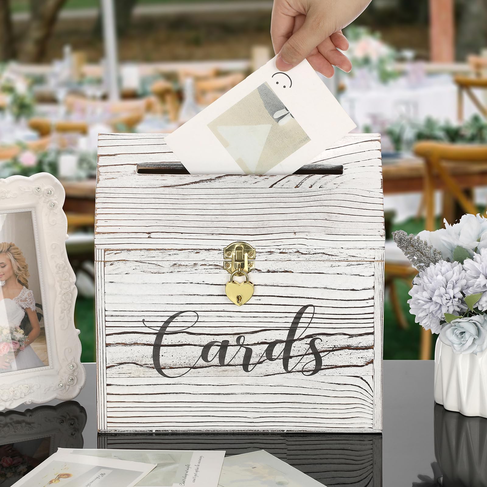 ELLDOO Wooden Wedding Card Box with Heart Lock, Rustic Gift Boxes, House Shape with Slot Decorative Wishing Card Holder Box for Wedding Receptions, Baby Shower, Birthday, Graduation, White