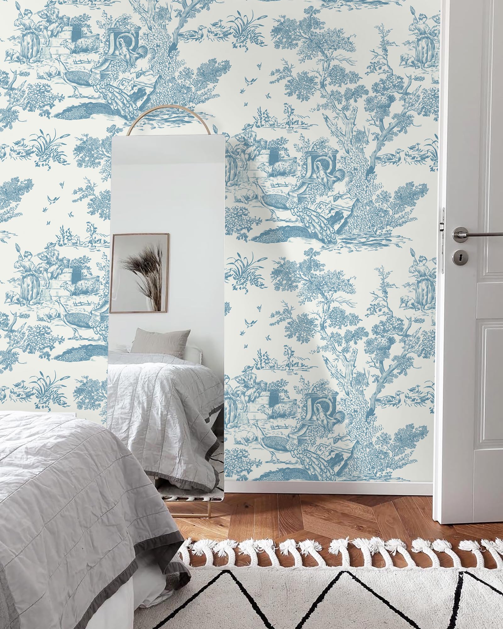 Peel and Stick Wallpaper Blue and White Wallpaper Toile Removable Self-Adhesive Wallpaper for Bedroom Bathroom Vintage Contact Paper for Walls Covering 16In×78.7In