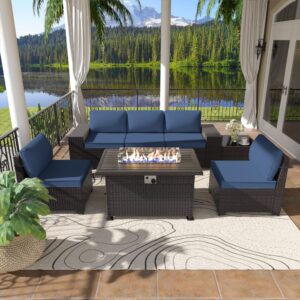 alaulm 7 pieces patio furniture set with propane fire pit table outdoor sectional sofas outdoor patio furniture 43in gas fire pit patio conversation set w/5 cushions-navy blue