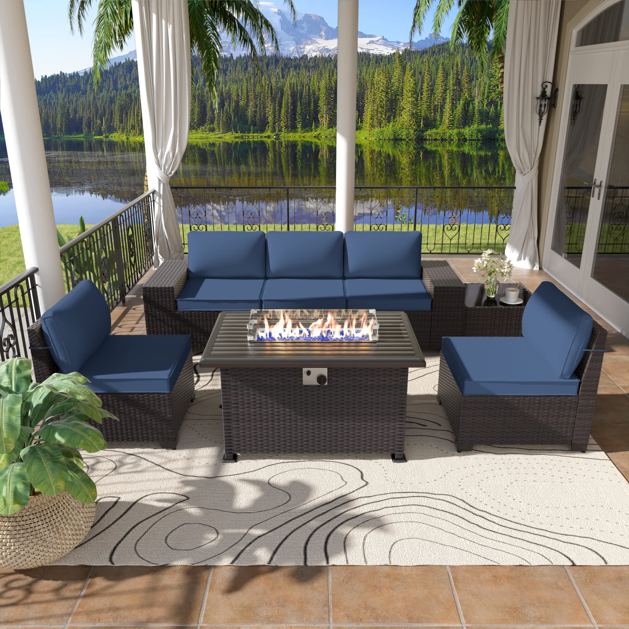 ALAULM 7 Pieces Patio Furniture Set with Propane Fire Pit Table Outdoor Sectional Sofas Outdoor Patio Furniture 43in Gas Fire Pit Patio Conversation Set w/5 Cushions-Navy Blue