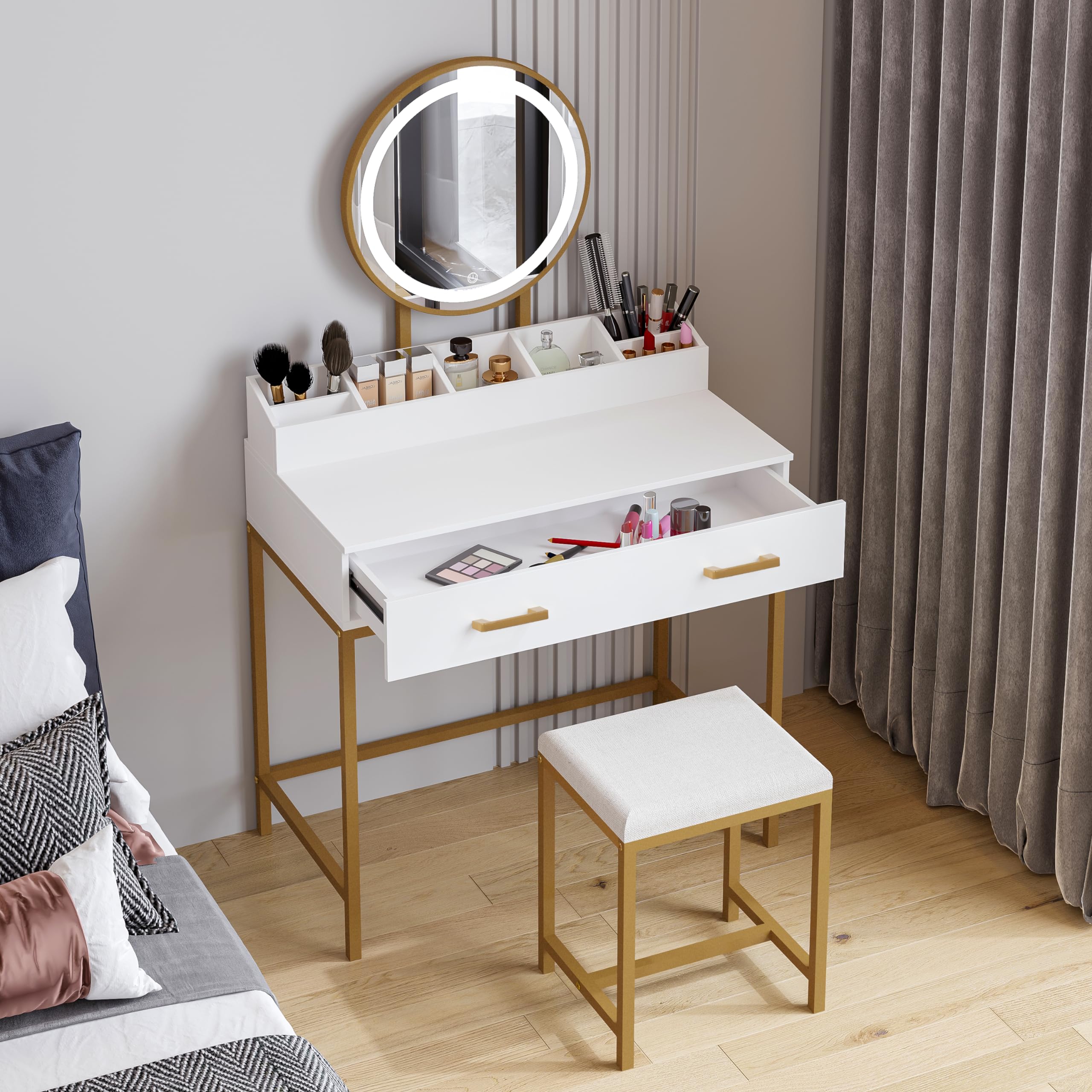 UTEX Makeup Vanity Desk with Mirror and Lights, Makeup Vanity Set with Drawers, Small Makeup Vanity Table, 3 Lighting Modes Dresser Desk and Cushioned Stool Set for Bedroom White and Gold