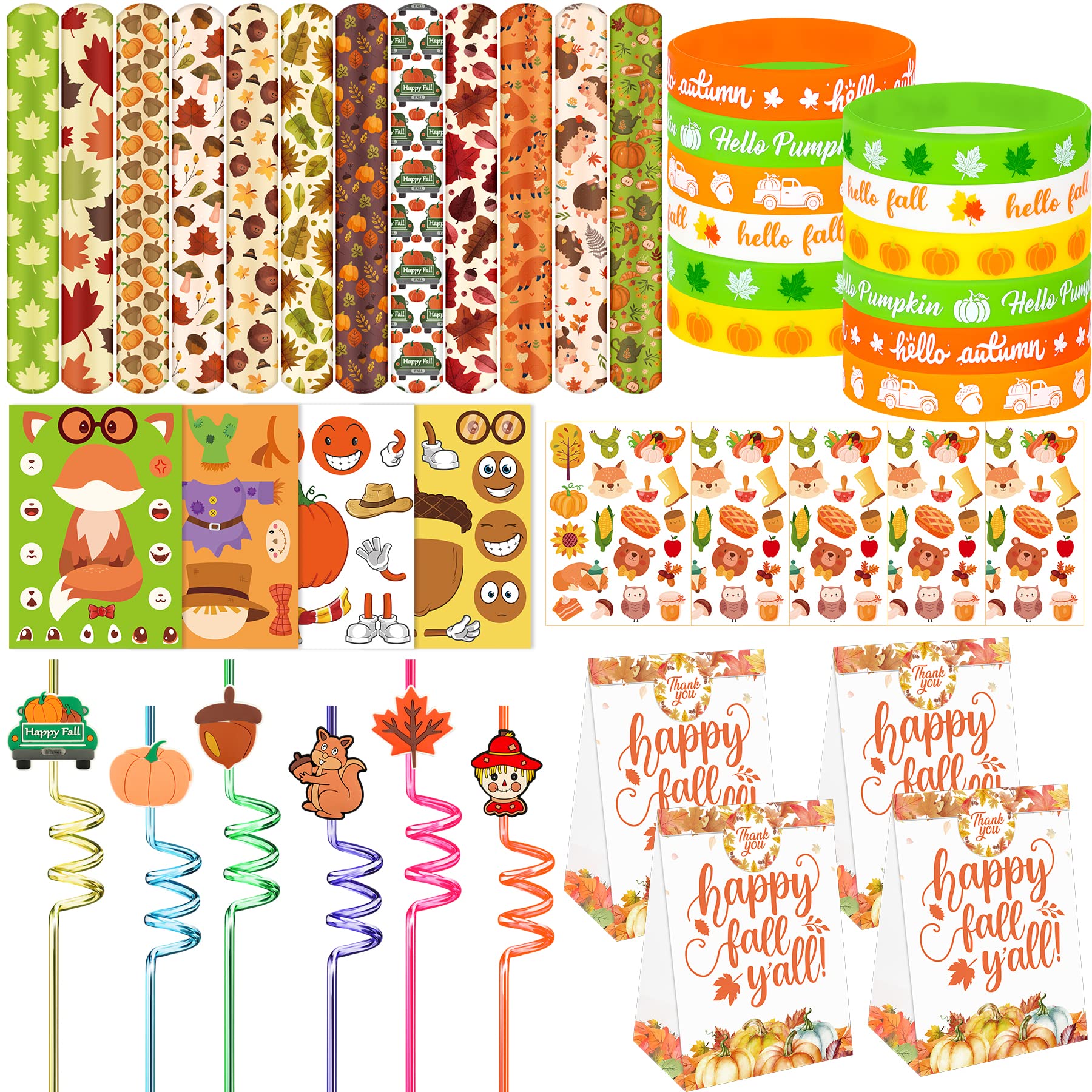 Erweicet Fall Party Favors 72 PCS Autumn Slap Bracelet DIY Stickers Plastic Straws Silicone Bracelets Tattoo Stickers Gift Bags for Kids Fall Harvest Party Classroom Rewards Goodie Bag Filler