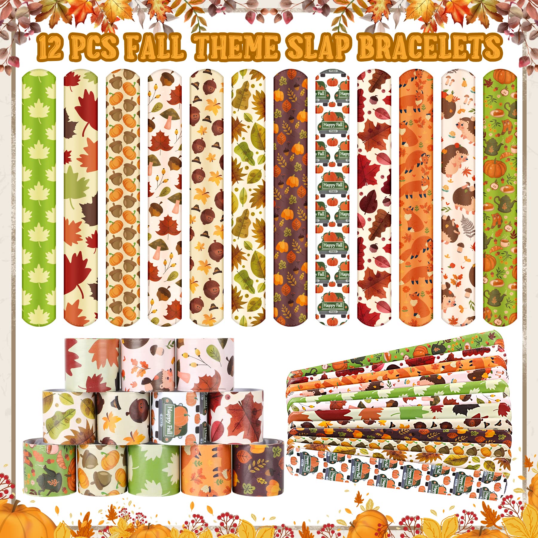 Erweicet Fall Party Favors 72 PCS Autumn Slap Bracelet DIY Stickers Plastic Straws Silicone Bracelets Tattoo Stickers Gift Bags for Kids Fall Harvest Party Classroom Rewards Goodie Bag Filler