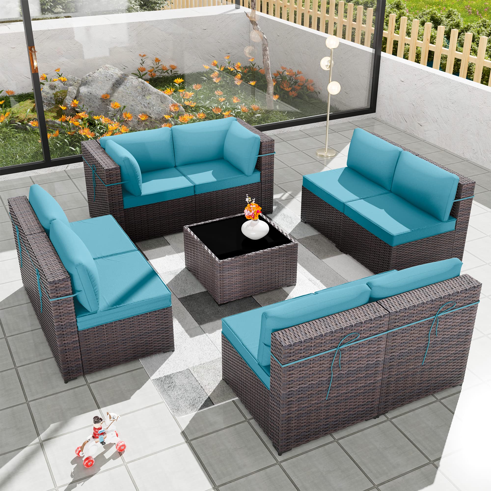 Delnavik Patio Furniture Set 9-Pieces Outdoor Furniture for Backyard Wicker Sectional Sofa Set, Rattan Patio Conversation Set with Thickened Cushions and Glass Coffee Table, Turquoise