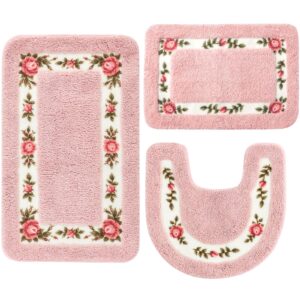 3 pcs rose flowers coquette bathroom rugs set coquette rug bathroom bedroom living room carpet, floral flower rugs for bedroom non skid absorbent romantic rose flower area rugs 3 shapes(pink)