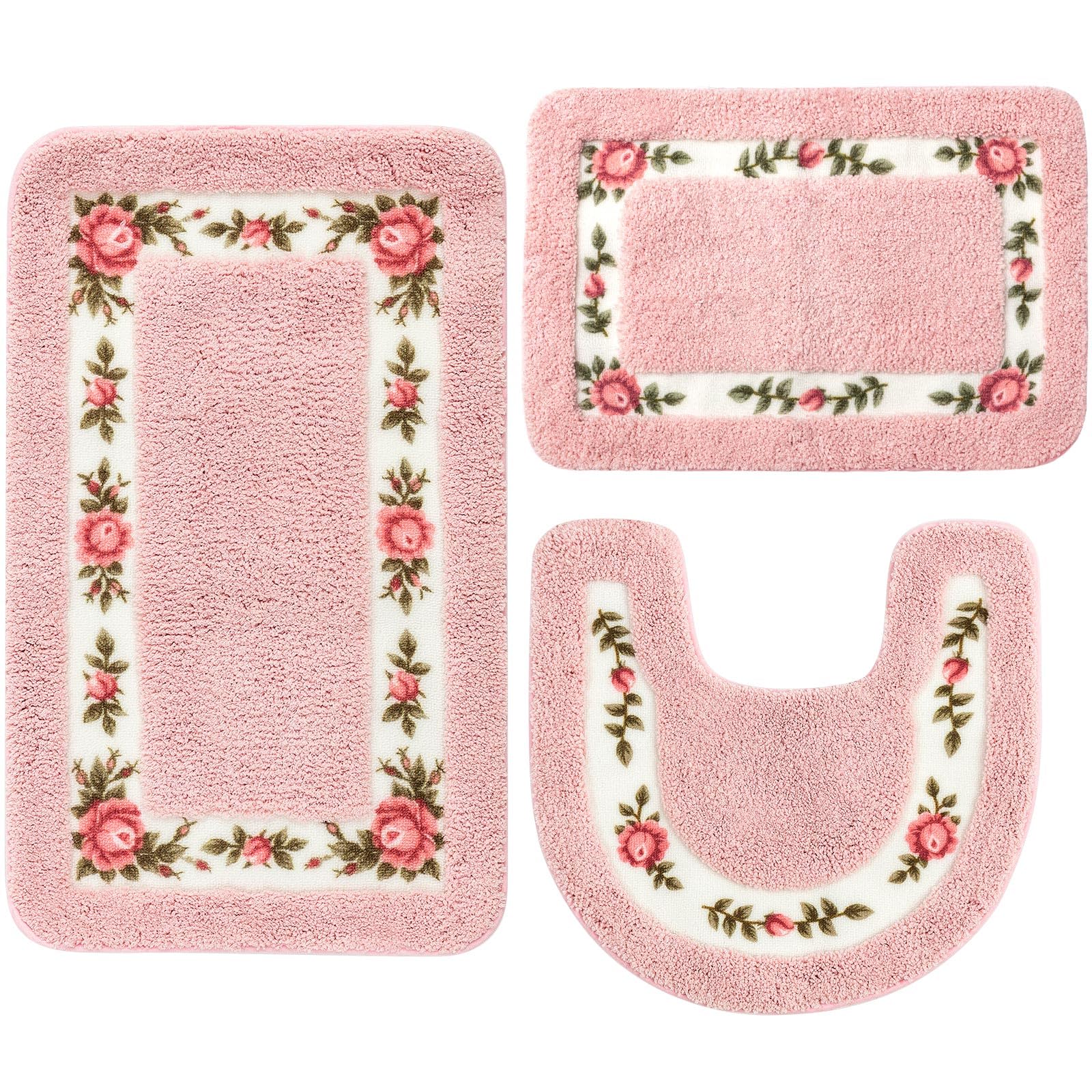 3 Pcs Rose Flowers Coquette Bathroom Rugs Set Coquette Rug Bathroom Bedroom Living Room Carpet, Floral Flower Rugs for Bedroom Non Skid Absorbent Romantic Rose Flower Area Rugs 3 Shapes(Pink)