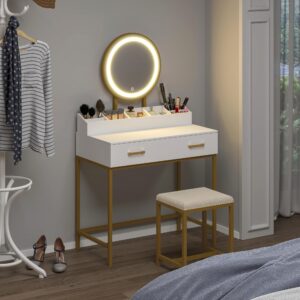 UTEX Makeup Vanity Desk with Mirror and Lights, Makeup Vanity Set with Drawers, Small Makeup Vanity Table, 3 Lighting Modes Dresser Desk and Cushioned Stool Set for Bedroom White and Gold