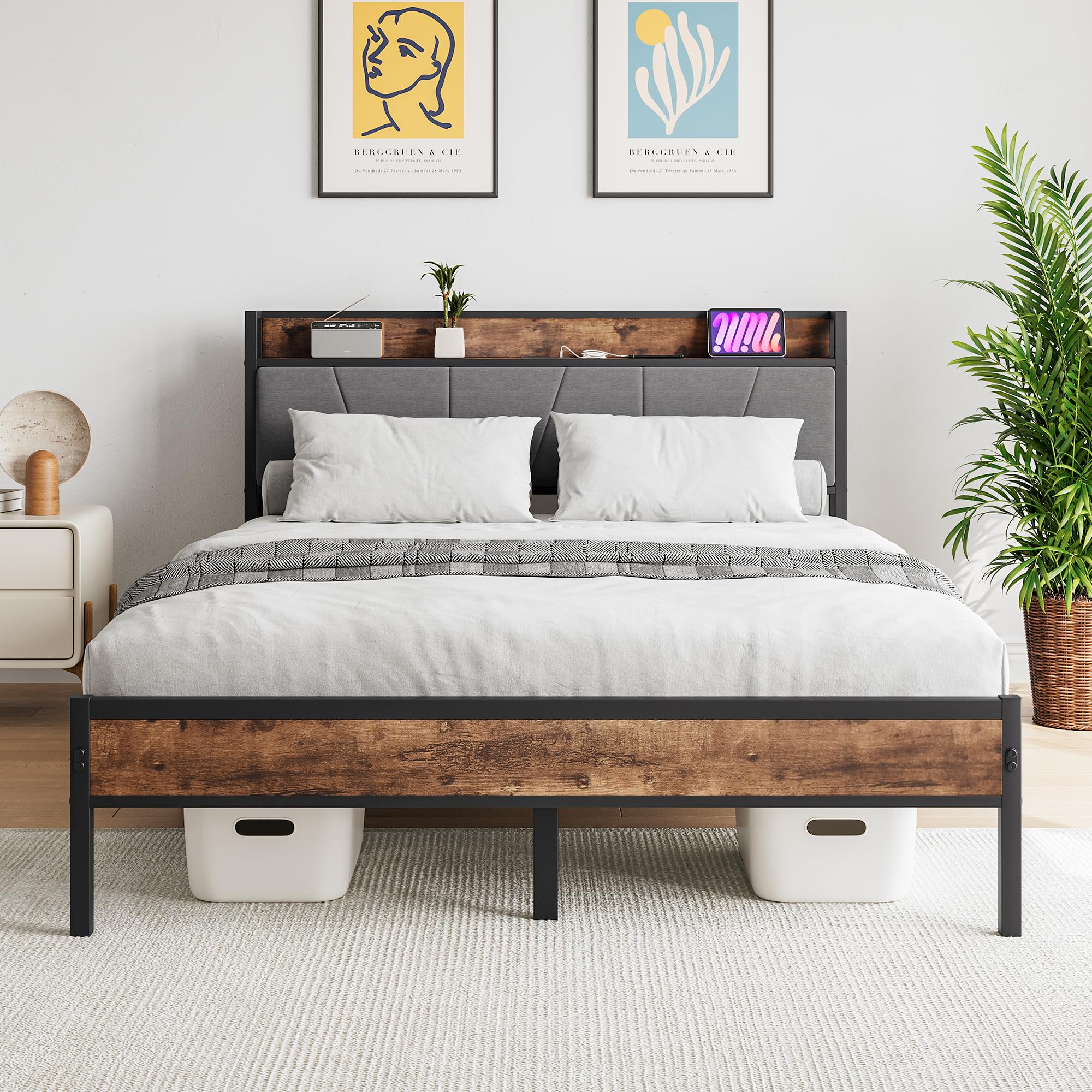 BOFENG Queen Size Bed Frame with Storage Headboard/Charging Station,Heavy Duty Metal Upholstered Platform Bed Frames Queen Size with Storage No Box Spring Needed,Strong Metal Slats,Noise Free,Brown