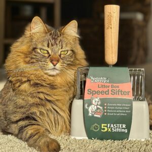 Sprinkle & Sweep Cat Litter Scoop - Heavy Duty Litter Scooper & Speed Sifter with Comfortable Beech Wood Grip - Metal Cat Litter Scoop, Washable Convenient Stand for Easy and Efficient Cleaning