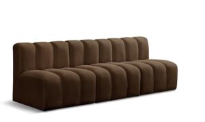 meridian furniture 103brown-s3f arc collection modern | contemporary modular sofa with soft brown velvet, deep channel tufting, modular design, 89.5" w x 31" d x 30" h, brown