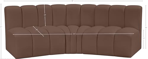 Meridian Furniture 101Brown-S3B Arc Collection Modern | Contemporary Modular Sofa with Soft Brown Vegan Leather, Deep Channel Tufting, Modular Design, 86" W x 41" D x 30" H, Brown