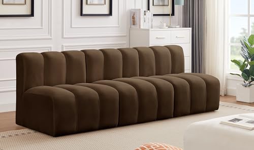 Meridian Furniture 103Brown-S3F Arc Collection Modern | Contemporary Modular Sofa with Soft Brown Velvet, Deep Channel Tufting, Modular Design, 89.5" W x 31" D x 30" H, Brown