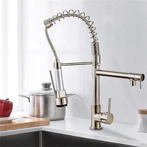 Kitchen Sink Faucet Dual Spout 360 Degree Rotation Spring Pull Down Sprayer Deck Mounted Hot Cold Water Mixer Taps