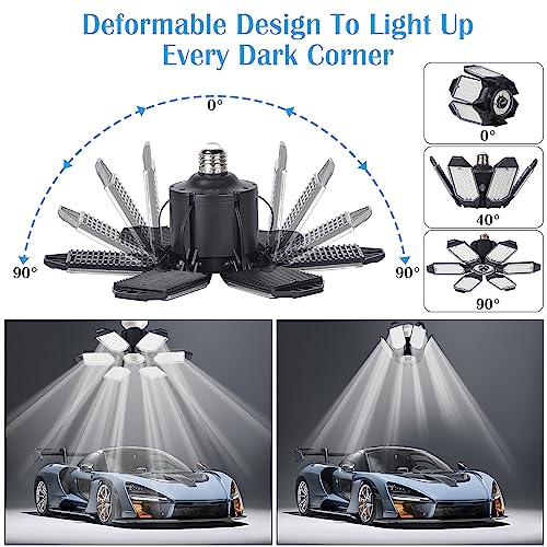 onffo LED Garage Lights, 150W Deformable LED Garage Ceiling Lights with 6 Adjustable Panels, 10000LM 6500K E26/E27 LED Shop Lights for Garage, Basement, Barn, Warehouse