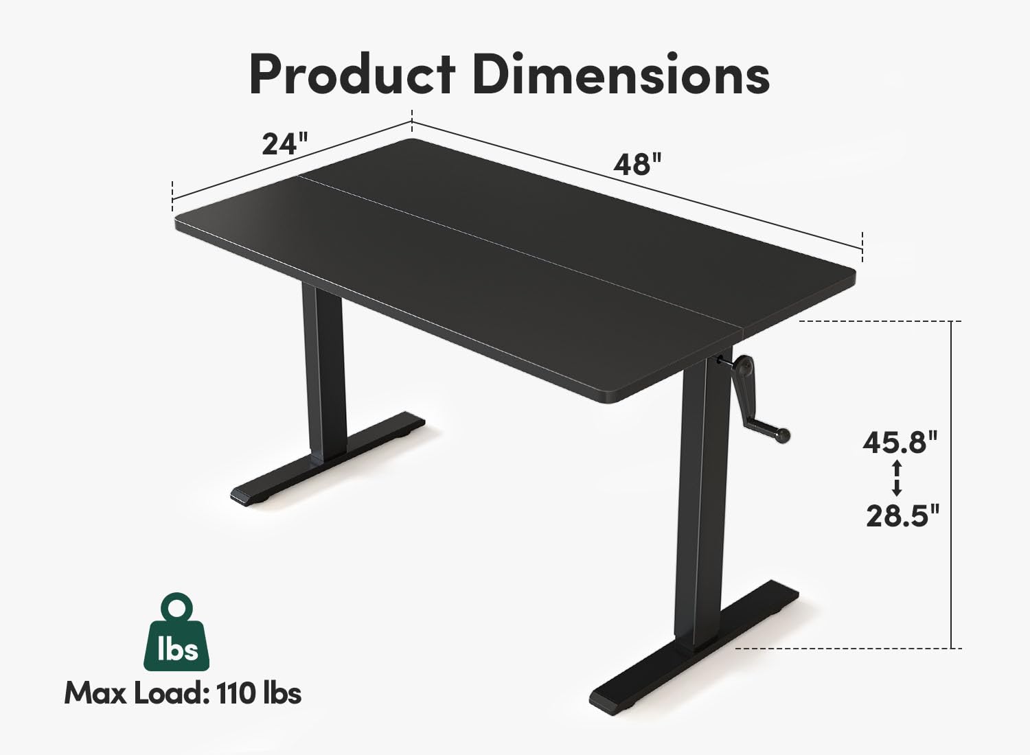 FEZIBO Crank Height Adjustable Desk, 48 Inches Manual Standing Desk, Writing Table with Handle, Home Office Desk with Black Frame/Black Table Top