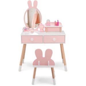 HONEY JOY Kids Vanity, Rabbit Themed Toddler Wooden Makeup Table and Chair Set w/2 Large Drawers, Beech Wood Legs, Princess Dressing Beauty Table, Girls Vanity Set with Mirror and Stool (Pink)