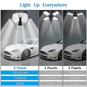 onffo LED Garage Lights, 150W Deformable LED Garage Ceiling Lights with 6 Adjustable Panels, 10000LM 6500K E26/E27 LED Shop Lights for Garage, Basement, Barn, Warehouse