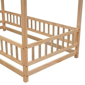 Bellemave Twin Size House Floor Bed Frame,Wooden Montessori Floor Bed with Fence for Kids,Twin Size Kids Bed,Natural