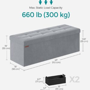 SONGMICS Storage Ottoman Bench, Foldable Ottoman Foot Rest, 15 x 43 x 15 Inches, End of Bed Bench, Storage Chest, Load up to 660 lb, for Living Room, Bedroom, Entryway, Dove Gray ULSF277G02