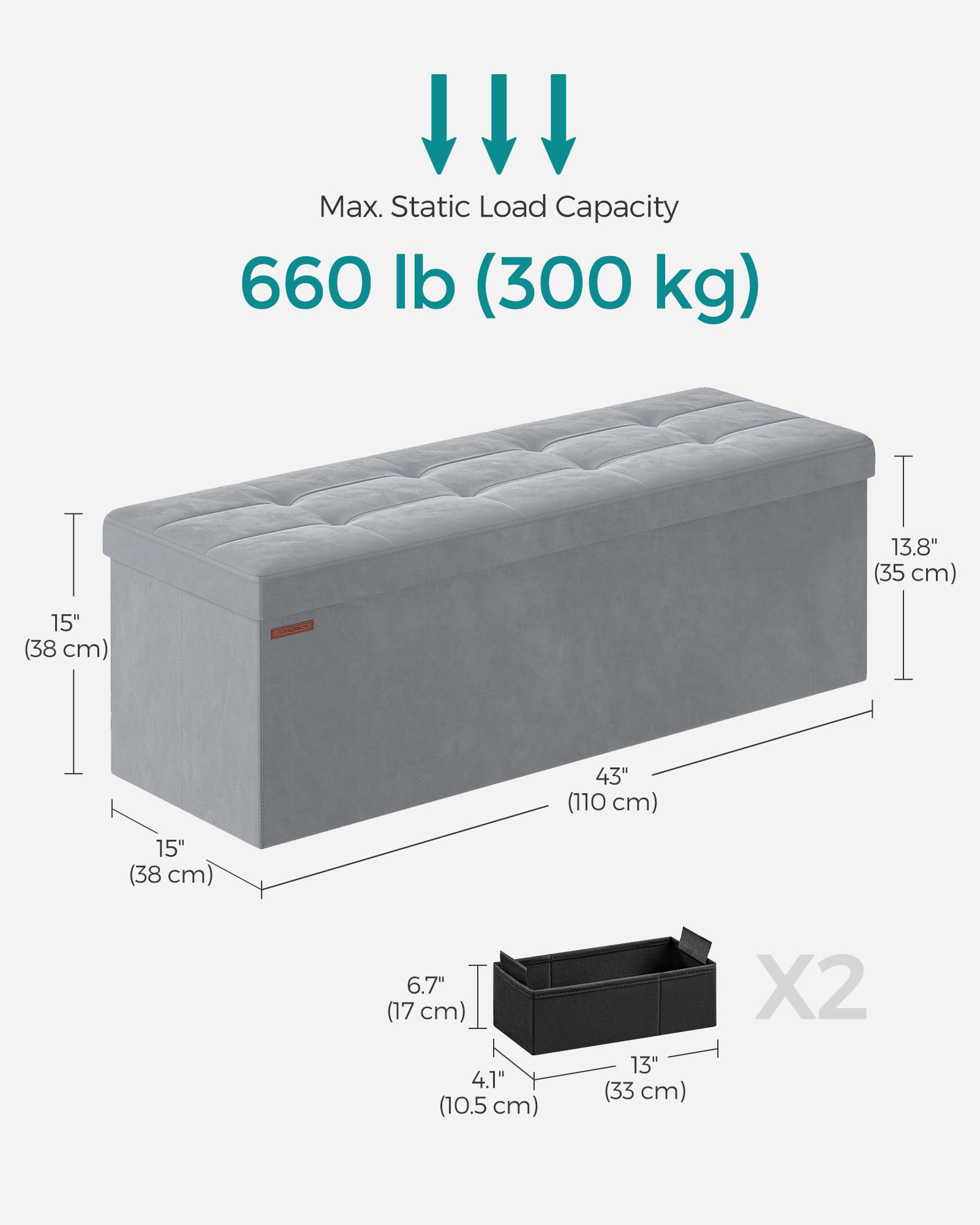 SONGMICS Storage Ottoman Bench, Foldable Ottoman Foot Rest, 15 x 43 x 15 Inches, End of Bed Bench, Storage Chest, Load up to 660 lb, for Living Room, Bedroom, Entryway, Dove Gray ULSF277G02