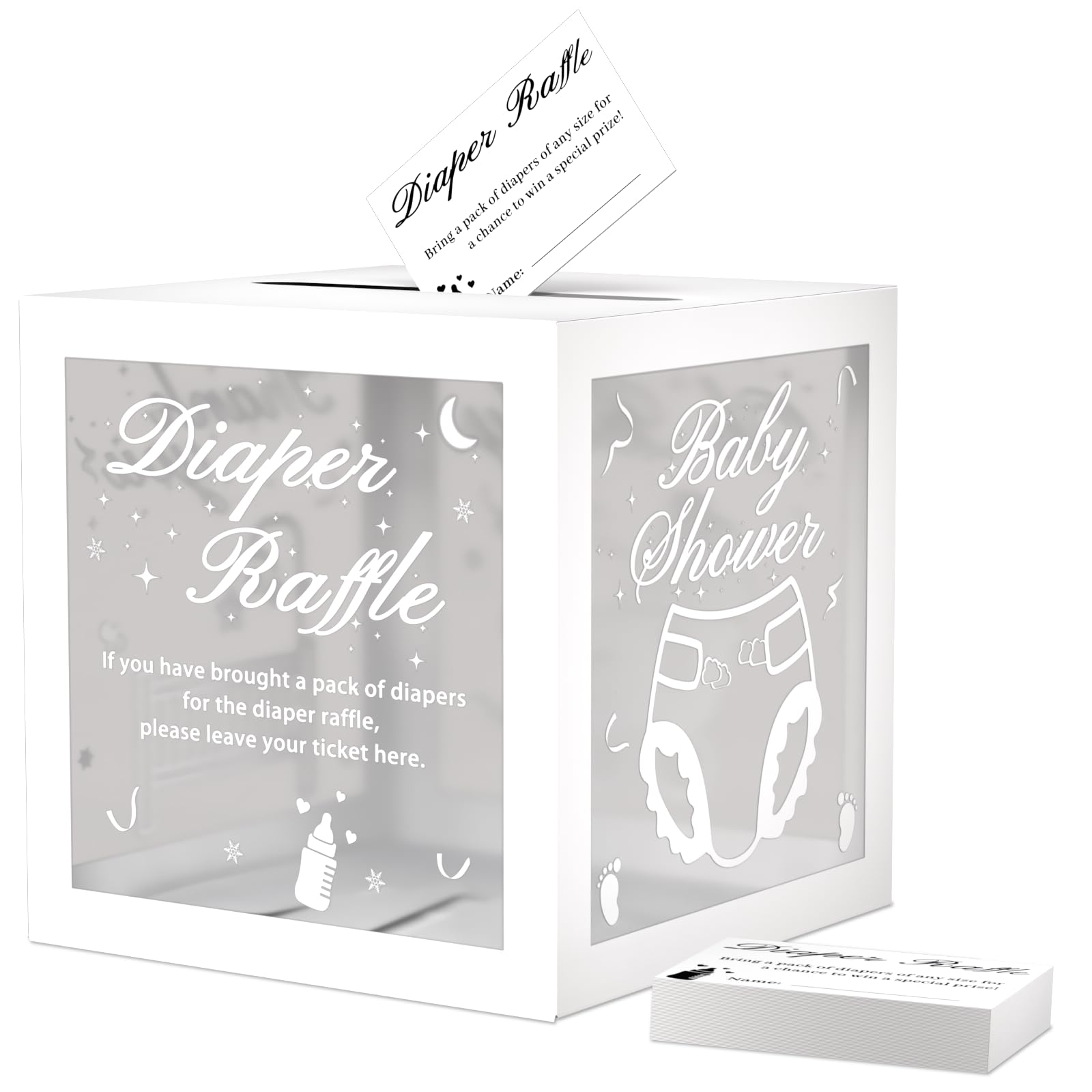 WNINK 50 Pcs Diaper Raffle Tickets with Box for Baby Shower, Diaper Raffle Card Gender Reveal Diaper Raffle Card Box for Baby Shower Games Diaper Raffle Box Party Decorations Table Centerpiece (White)